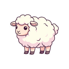 Cute cartoon sheep standing on a white background, showcasing its fluffy wool and friendly expression