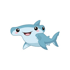 Cartoon illustration of a happy hammerhead shark swimming in a vibrant ocean environment