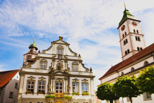 The historic town hall at the market square in Wangen im Allg&auml;u, Upper Swabia, Baden-W&uuml;rttemberg, Germany.
