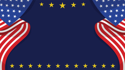 Patriotic design with curved American flag and golden stars against blue dark background suitable for Veterans Day or any other events related to America.