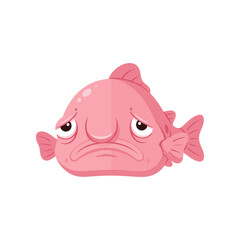 Cartoon illustration of a sad pink fish with a frown, set against a plain background