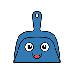 Cartoon illustration of a smiling blue dustpan with large eyes, set against a plain background