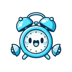 Cartoonish blue alarm clock character with a cheerful face, set against a simple background
