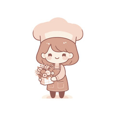 Cheerful baker holding a flower bouquet in a light, pastel-colored kitchen setting