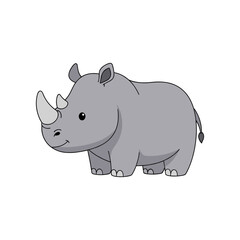 Cartoon rhinoceros character standing on a white background, ideal for children's educational materials