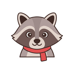 Cartoon raccoon character wearing a red scarf, smiling brightly against a plain background