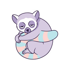 Cartoon sloth curled around a pastel-colored pillow, relaxing in a serene environment