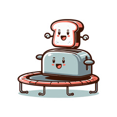 Cheerful cartoon characters of a toaster and toast on a trampoline in a playful setting