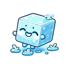 Cheerful cartoon ice cube character splashing in water puddles, set against a bright background