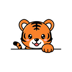 Cute cartoon tiger peeking over a surface, with a playful expression and bright colors, ideal for children's media