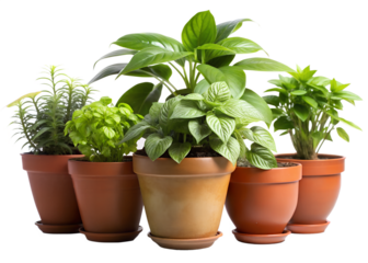 Collection of potted green plants isolated on transparent background