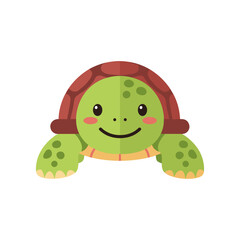 Cute cartoon turtle smiling with a friendly expression, set against a plain white background