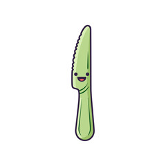 Cartoonish green knife with a smiling face, isolated on a white background, ideal for kitchen themes