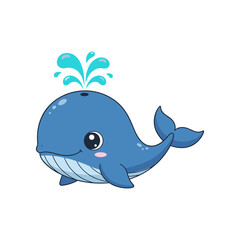 Cute cartoon whale with playful water spout, swimming in a vibrant ocean setting, ideal for children's illustrations