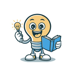 Cheerful light bulb character reading a book, symbolizing knowledge and creativity in a fun way