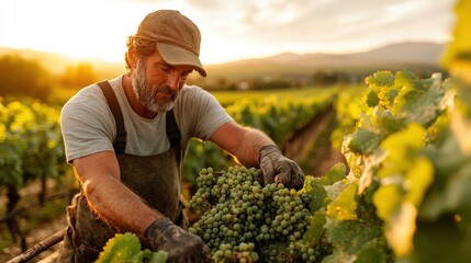A hardworking farmer carefully gathers ripe grapes in a stunning vineyard during sunset, highlighting the connection between agriculture and nature and the beauty of rural life.