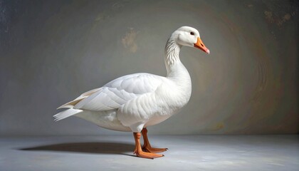 Fototapeta premium White domestic goose standing gracefully against a plain gray background in a studio setting.
