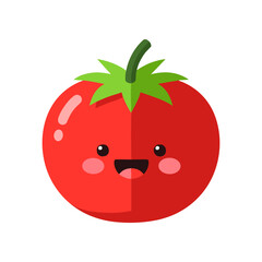 Cartoonish tomato character with a smiling face, vibrant red color, and green leaves, isolated