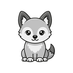 Obraz premium Cute cartoon wolf character sitting happily with a simple white background, ideal for children's illustrations
