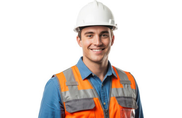 Smiling construction worker wearing hard hat and safety vest, isolated on transparent background