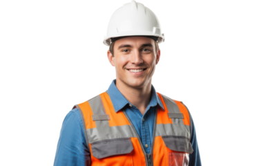Smiling construction worker wearing hard hat and safety vest, isolated on transparent background