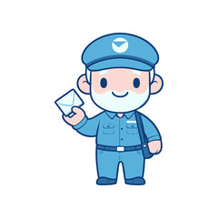 Cheerful postal worker holding an envelope, set against a simple, colorful background