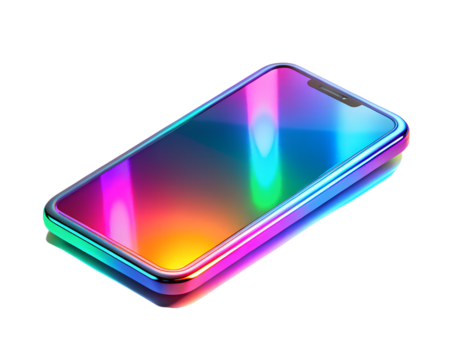 Modern smartphone with a vibrant, iridescent, rainbowcolored screen, isolated on transparent background