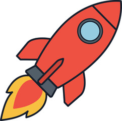 Red rocket space ship flying through sky illustration vector