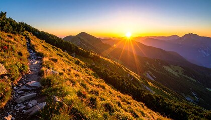 Sunrise over mountain range, trail in foreground