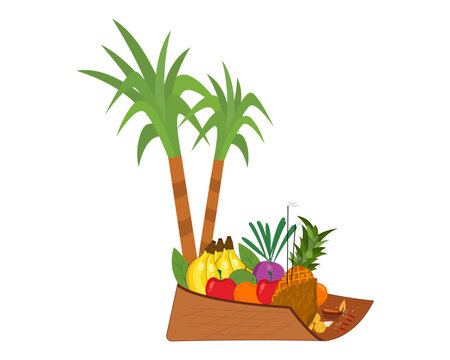 vector illustration of Happy chhath puja with bamboo basket soop with fruits and sugarcane worship of the Sun God and Chhathi Maiya