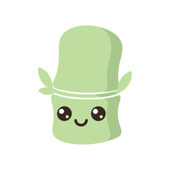 Cute green character with a smiling face and hat, set against a simple white background