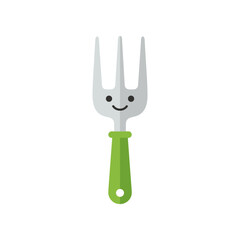 Cartoon-style smiling garden fork with a green handle, set against a plain white background