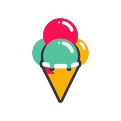 Colorful ice cream cone with three scoops in vibrant colors, set against a plain background