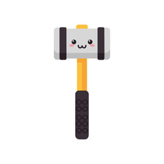 Cartoon-style smiling hammer with a cute face and colorful handle against a plain background