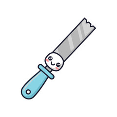 Cartoon-style smiling hand saw with a blue handle, isolated on a white background