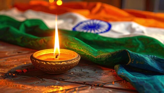 Indian flag with diya oil lamp illuminating national pride and cultural heritage