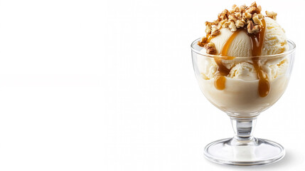 Scoops of vanilla ice cream topped with caramel sauce and chopped nuts in an elegant glass cup, isolated over white background. Room for copy.
