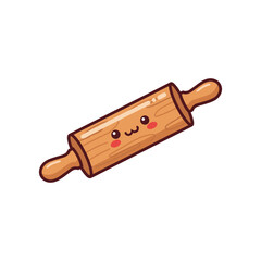 Cute wooden rolling pin with a smiling face, set against a white background, ideal for baking themes