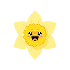 Fototapeta premium Cheerful cartoon daffodil flower with a smiling face, set against a plain white background