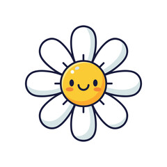 Cheerful cartoon flower with a smiling face, bright yellow center, and white petals