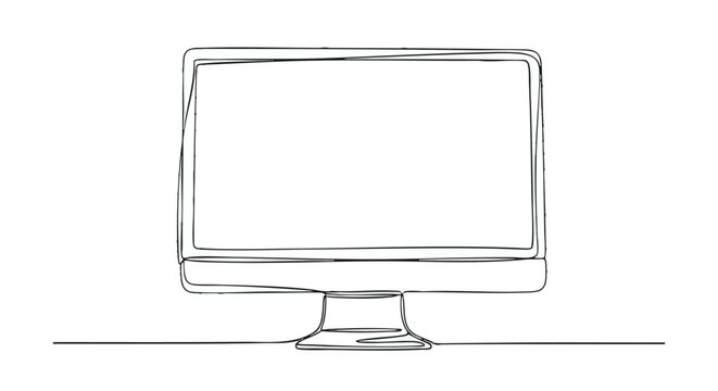 Computer monitor stands on a flat surface in a single continuous line drawing style.