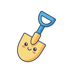 Cheerful cartoon shovel with a smiling face, set against a plain white background, ideal for children's themes
