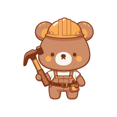 Cute cartoon bear in a construction helmet holding a hammer, set against a simple background