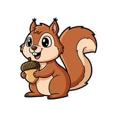 Cheerful cartoon squirrel holding an acorn, set against a simple white background, ideal for children's illustrations