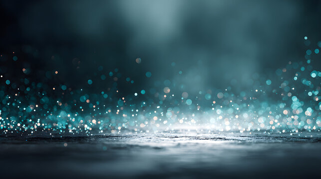 A mesmerizing blend of teal and silver particles shimmer against a dark background, creating an enchanting mood.