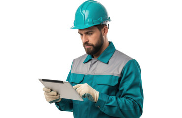 Construction worker wearing a hard hat and safety vest, holding a tablet and looking at it, isolated on transparent background