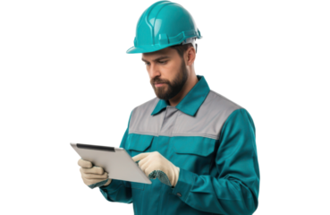 Construction worker wearing a hard hat and safety vest, holding a tablet and looking at it, isolated on transparent background
