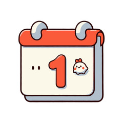 Cute cartoon calendar illustration showing the first day of the month with a chicken character