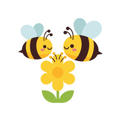 Two cheerful bees hovering near a bright yellow flower, surrounded by a simple white background