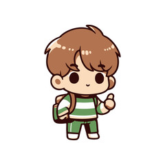 Cute cartoon character of a young boy with a backpack giving a thumbs-up in a playful style